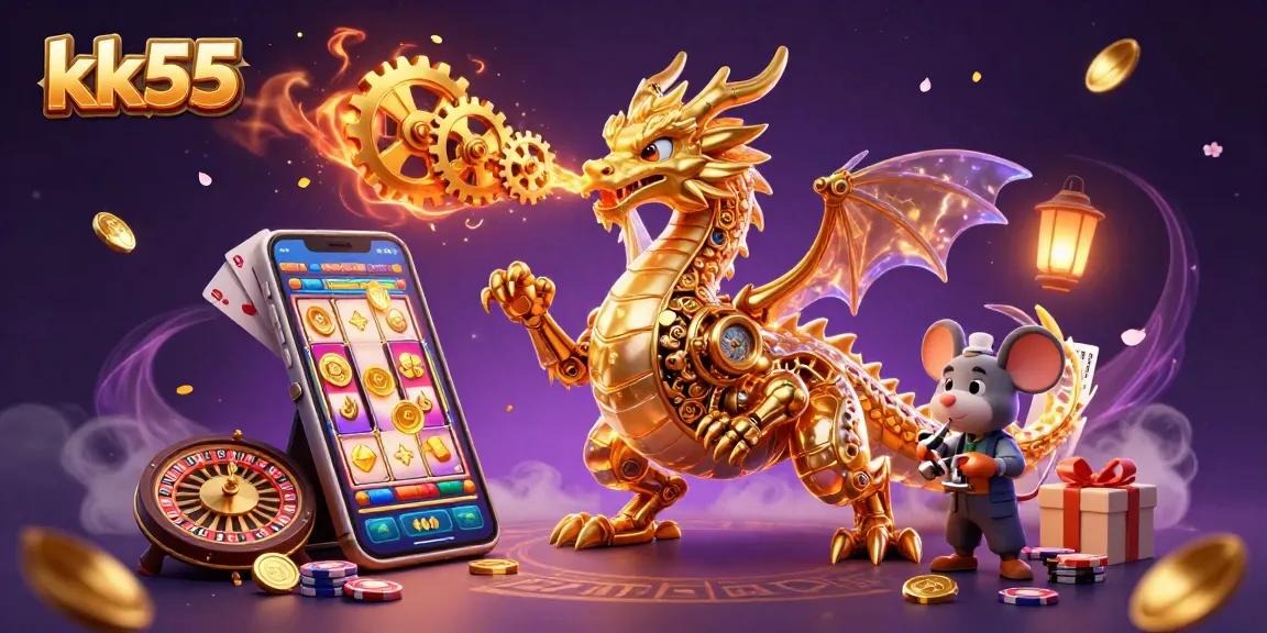 Engage with kk55 through a fantastical scene showcasing thrilling casino gaming elements and a golden dragon.