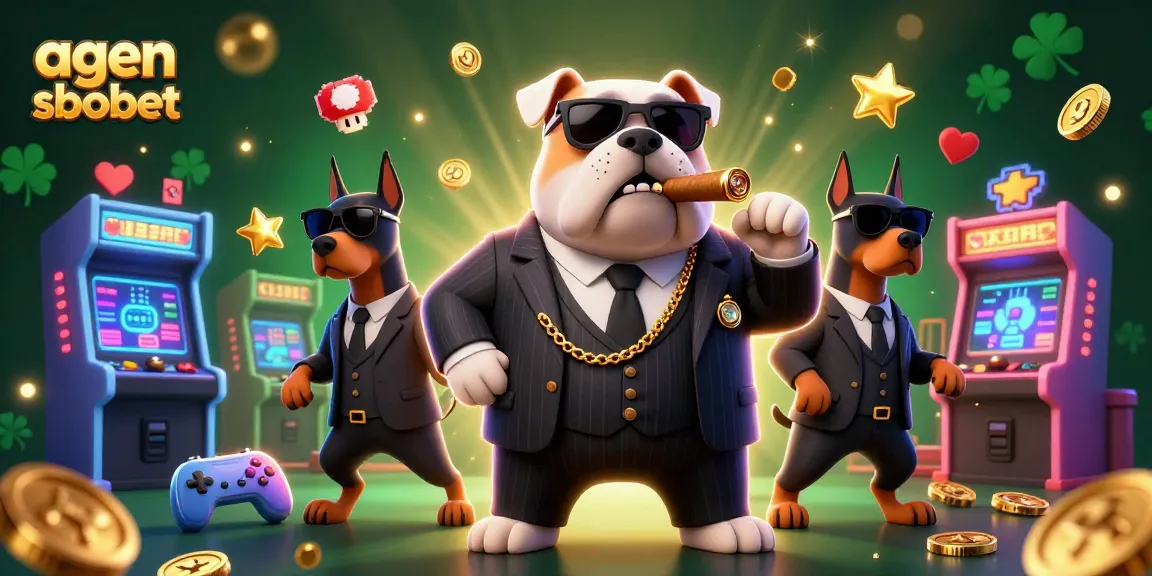 A dynamic scene promoting agen sbobet featuring a mafia bulldog and Doberman bodyguards amid colorful casino elements.