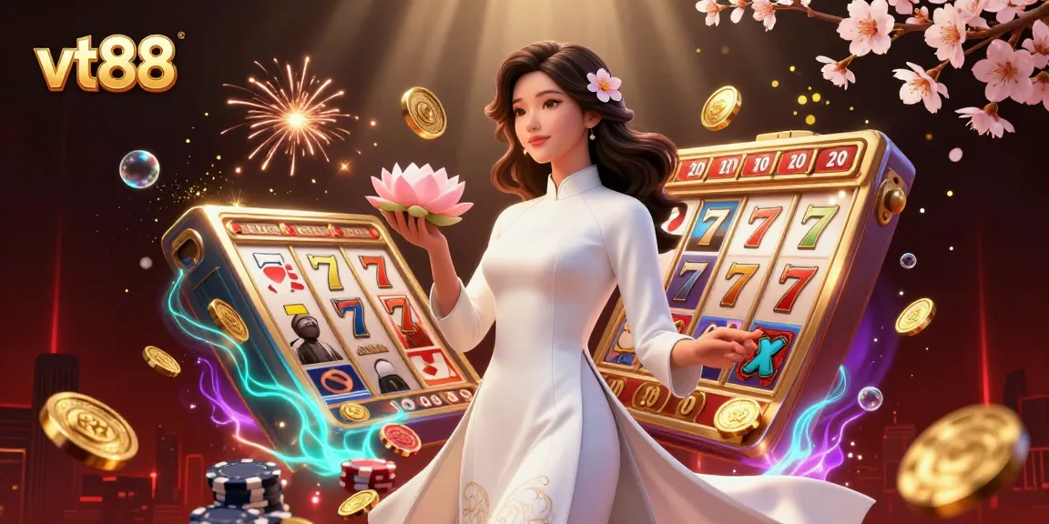 Play games and win big with vt88 in this vibrant casino illustration featuring rich elements.