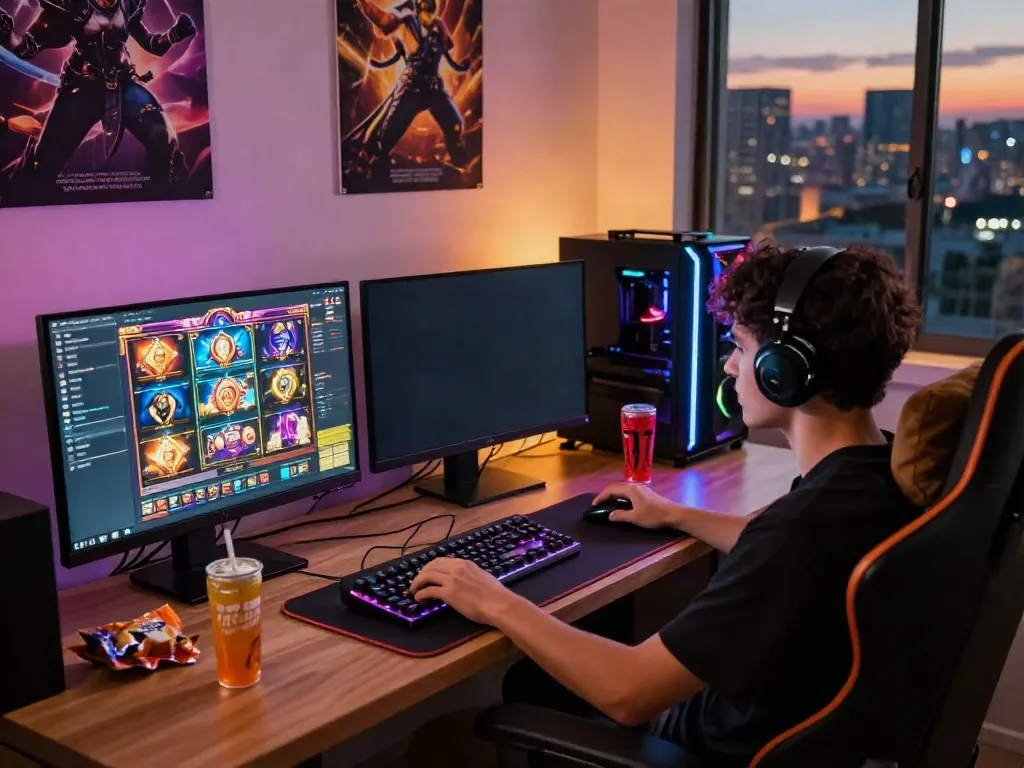 Engaging user playing ทดลองสล็อต on vibrant gaming setup with LED lights and dynamic graphics.
