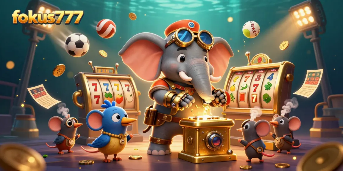 Play exciting games at fokus777 with a steampunk elephant engineer managing a golden slot machine.