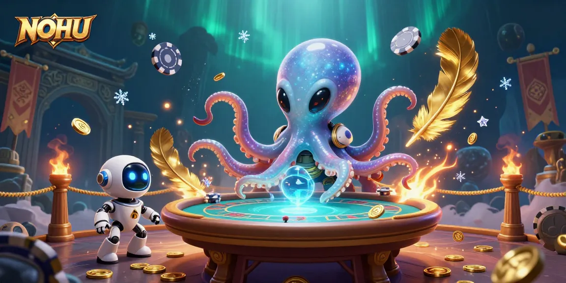 Engage in thrilling NOHU poker battles with a whimsical alien octopus and vibrant cosmic elements.