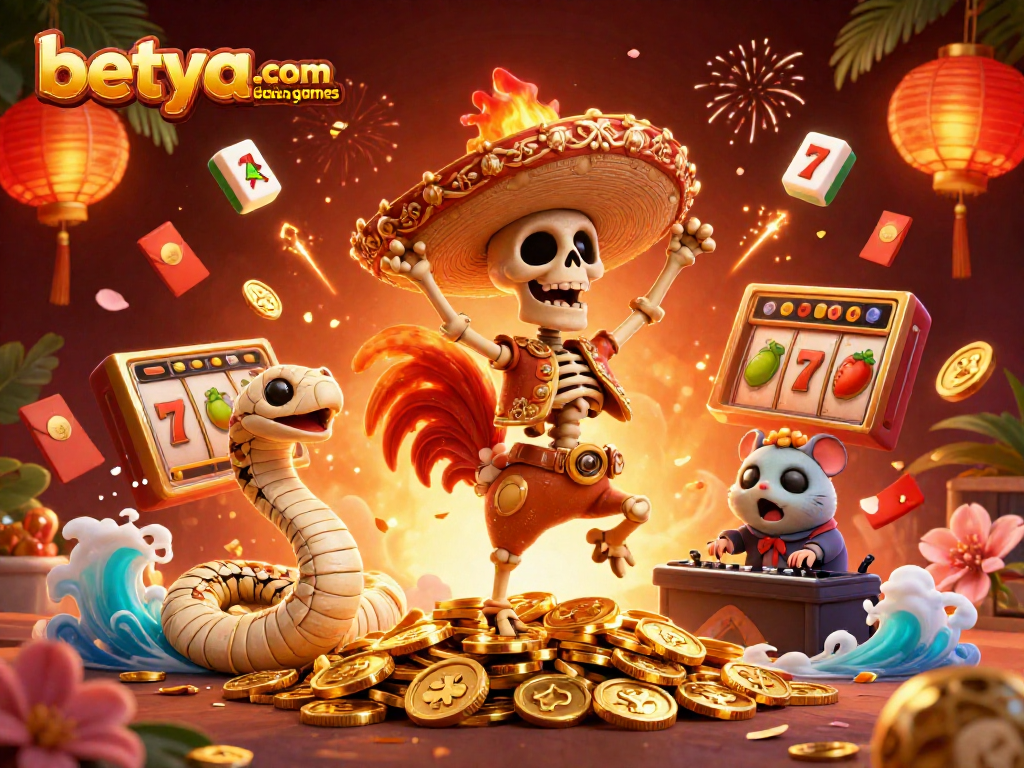 Engage with betya.com online casino games in a lively scene featuring a mariachi rooster, mummy snake, and DJ hamster.
