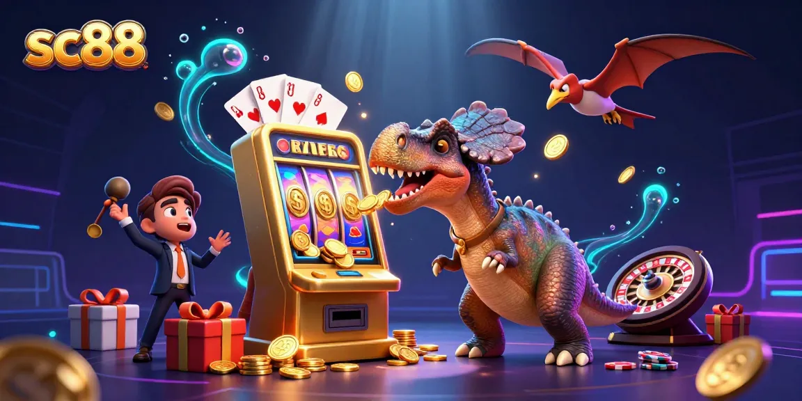 Experience the thrill of sc88 as animated characters engage in a vibrant casino scene with slots and golden coins.
