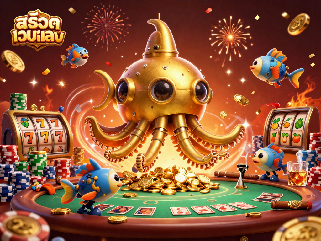 Experience engaging สล็อตเว็บตรง gaming action with a vibrant 3D casino illustration showcasing slot reels and golden coins.