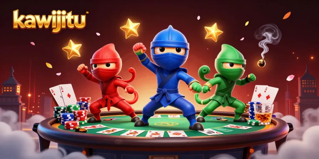 Engaging kawijitu illustration with ninja chameleons and vibrant poker elements in action.