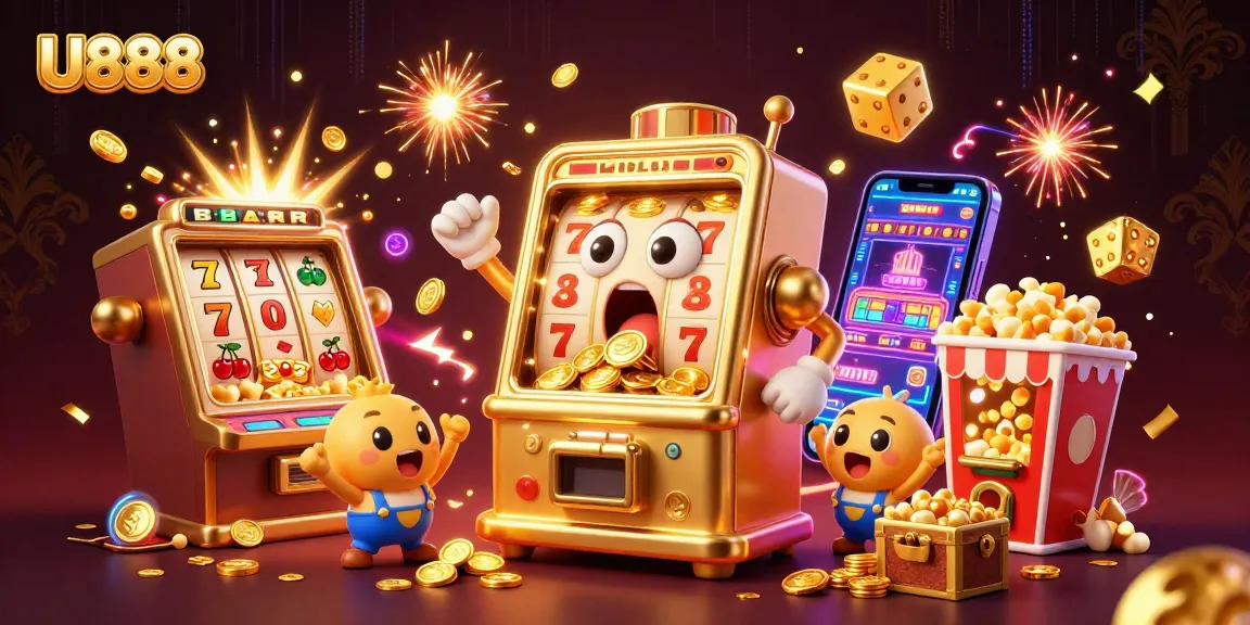 U888 slots jackpot scene with animated slot machine winning coins and baby machines cheering