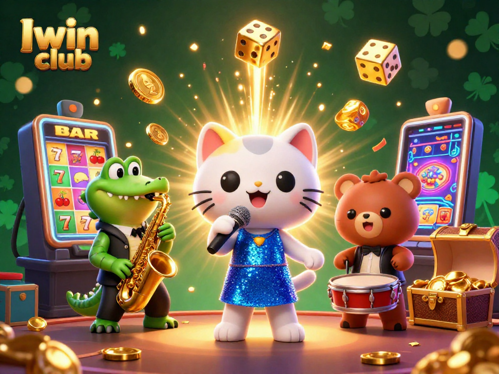 Iwin club's vibrant 3D casino scene featuring lively characters and a jackpot explosion, energizing gamers.