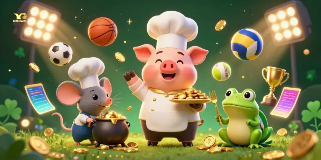 Xoilac pig chef serving gold coins in a sports betting festive environment