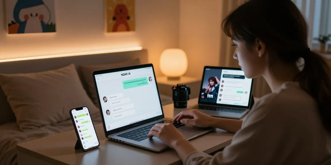 Engaging in an NSFW AI chat on a laptop in a cozy bedroom, highlighting virtual interaction.