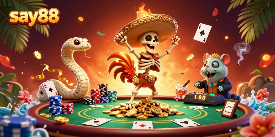 Experience say88's thrilling victory dance with vibrant casino characters and dynamic poker elements.