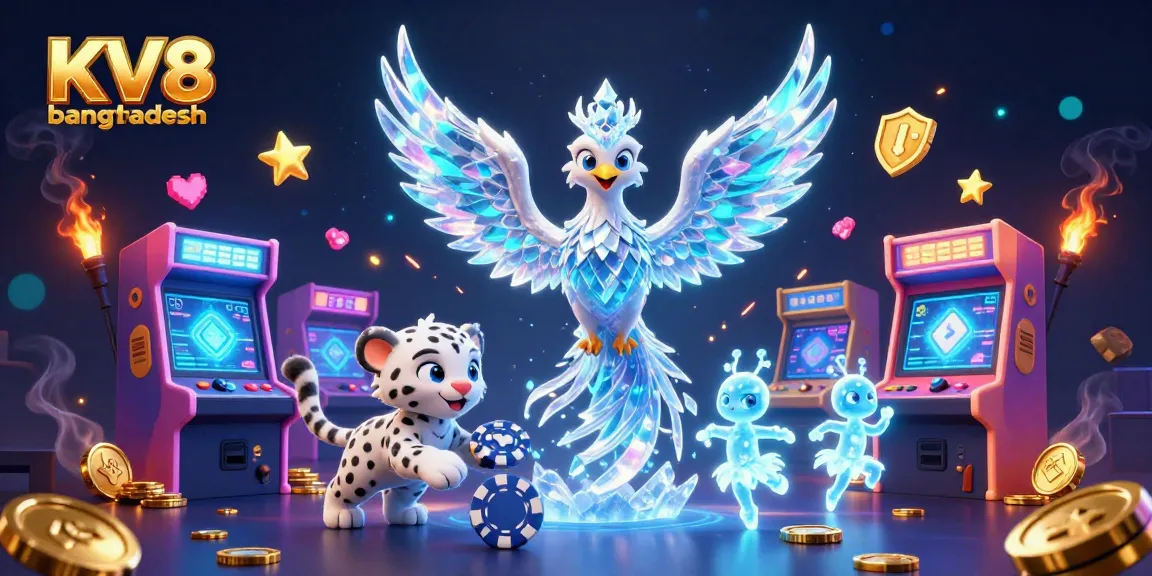 Engage with thrilling entertainment at KV8 bangladesh featuring an ice phoenix, snow leopard cub, and dynamic game elements.