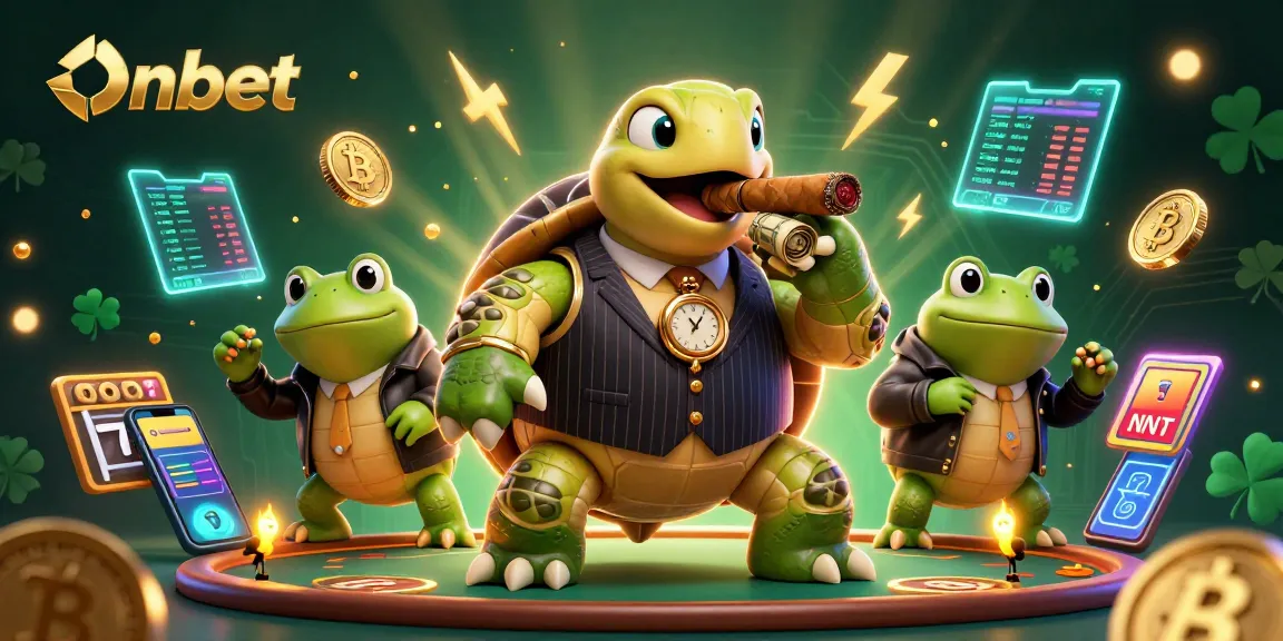 Win big with Onbet in a vibrant casino scene featuring a snapping turtle and bullfrog enforcers.