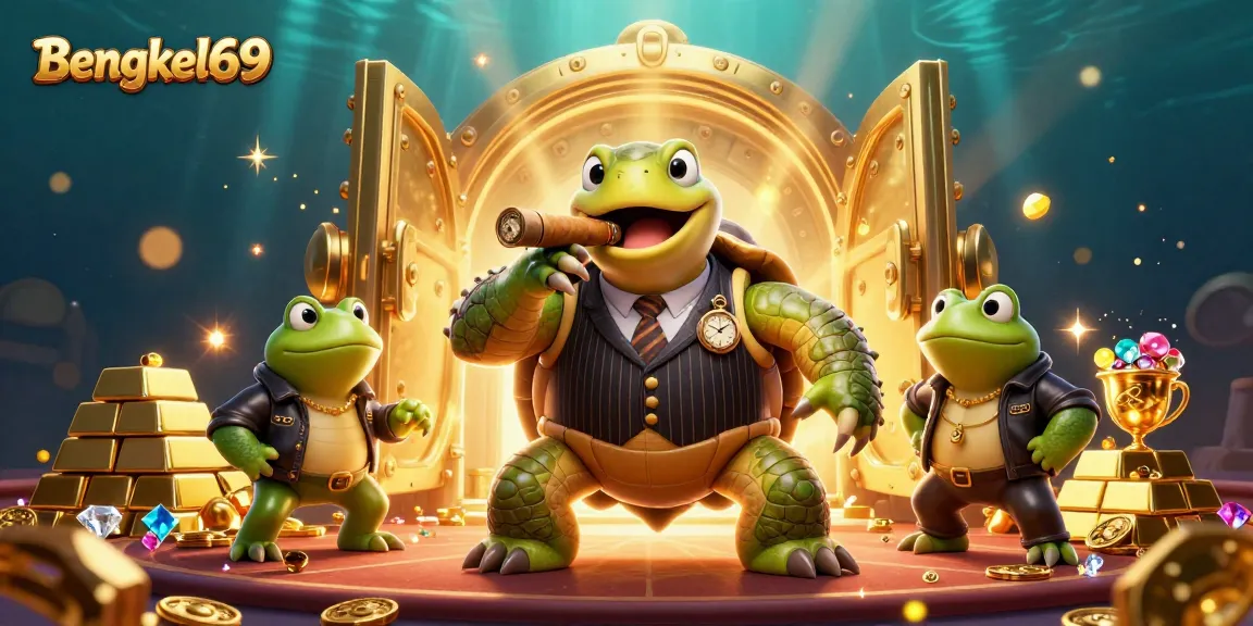 Bengkel69 showcases a vibrant casino scene with a snapping turtle mobster and bullfrog enforcers.