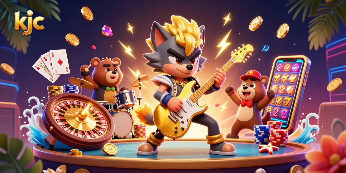KJC energizes the casino scene as a rock star wolf unleashes golden coins and excitement.