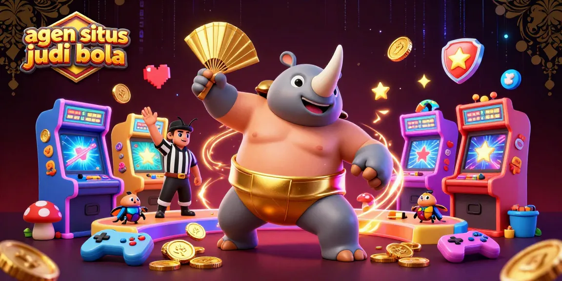 Engage with agen situs judi bola featuring a dynamic sumo beetle stomping coins, colorful arcade elements, and lively scenes.