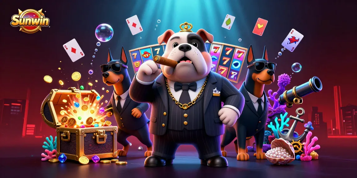 Sunwin showcases thrilling casino vibes with mafia characters and slot game elements.