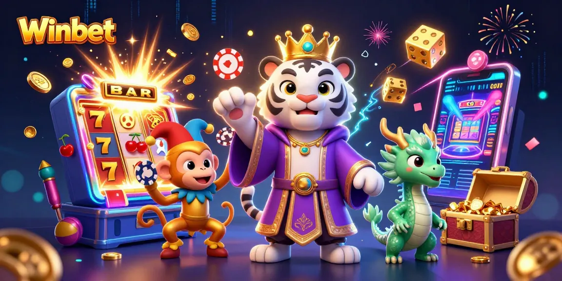 Winbet showcases a dynamic casino scene with rich 3D characters and vibrant game elements.