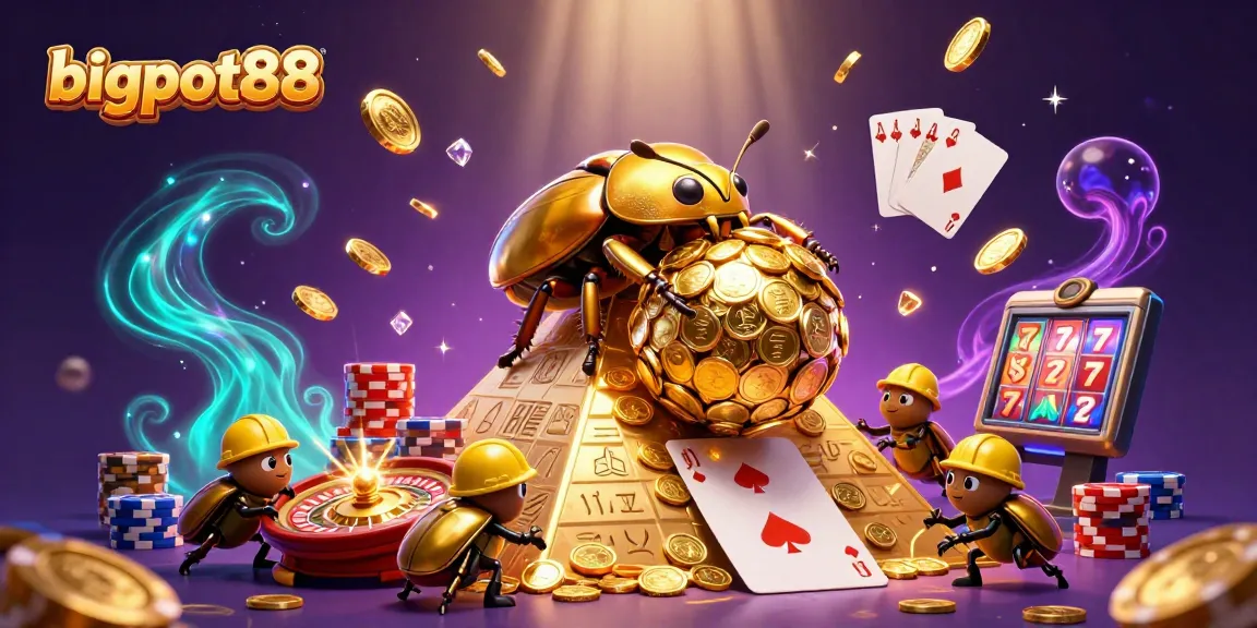 Experience thrilling gameplay at bigpot88 with golden coins cascading and joyful beetles amidst casino excitement.