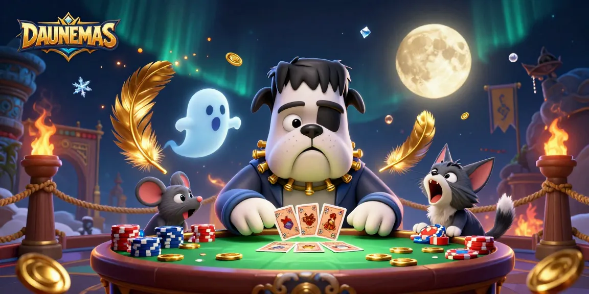 Engage with DAUNEMAS as the Frankenstein bulldog deals cards in a mystical casino scene.