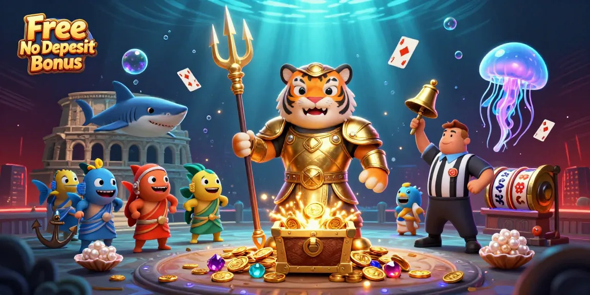 Play slots using Free No Deposit Bonus in a vibrant underwater arena with a shark warrior, treasure, and fish audience.