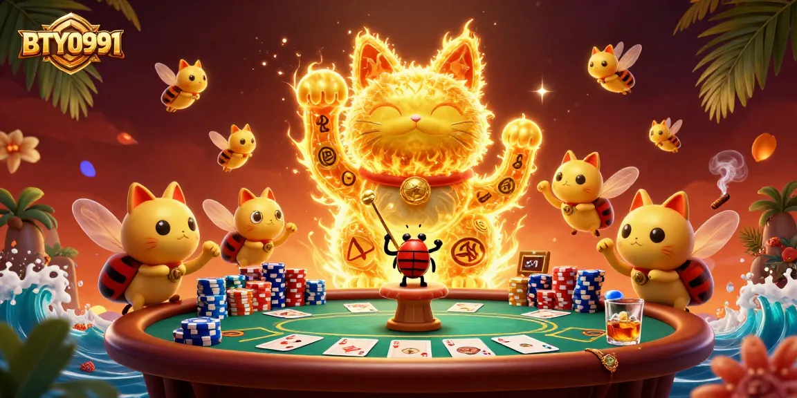 Engaging scene with BTY0991's vibrant lucky cat surrounded by poker elements and celebratory decor.