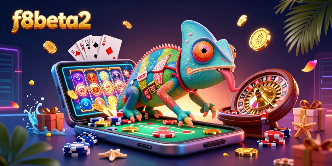 Experience f8beta2's vibrant casino scene with a chameleon owner, slot games, and flying coins.