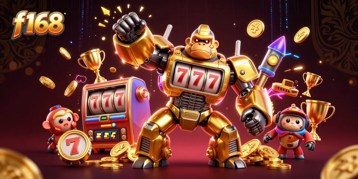 Experience thrilling jackpots at f168 with dynamic gaming visuals featuring a golden gorilla mech and slot elements.