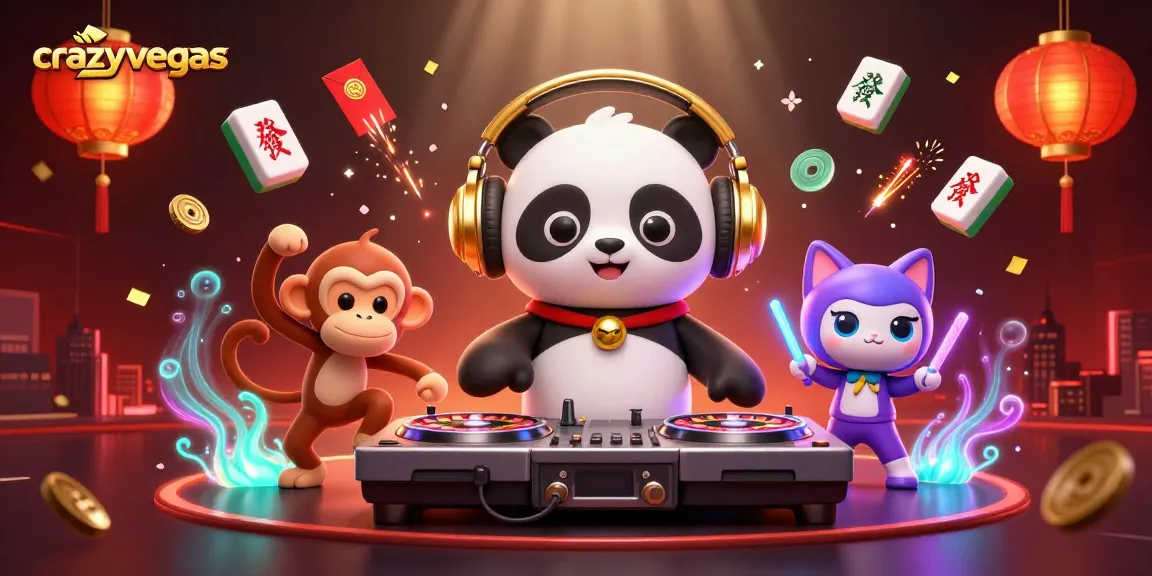 Experience the lively atmosphere of crazyvegas with a DJ panda and dancing characters at a vibrant casino party.