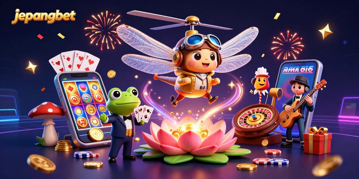 jepangbet offers thrilling gaming action with dragonfly pilot and froggy dealer amid vibrant casino elements