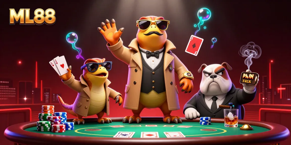 ML88 delivers vibrant casino fun featuring cartoon raptors in a VIP lounge with poker elements.