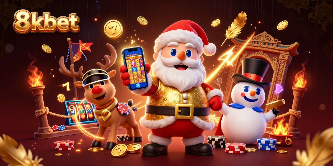 Engage with 8xbet's exciting jackpot slots through a playful Santa-themed 3D casino illustration.