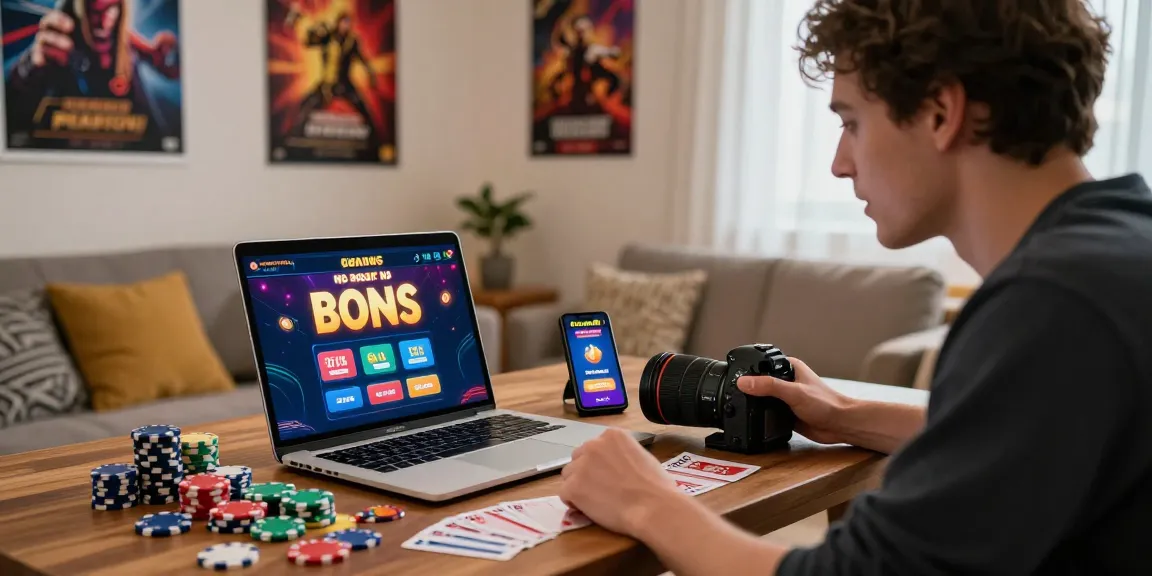 Player exploring free no deposit bonus opportunities at cozy gaming setup, highlighting excitement and vibrant atmosphere.