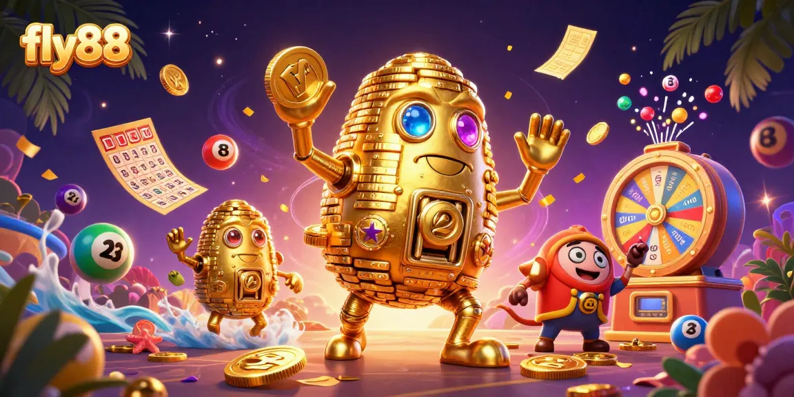 Experience the thrill of fly88 with a vibrant, animated golden golem amidst lottery balls and casino elements.